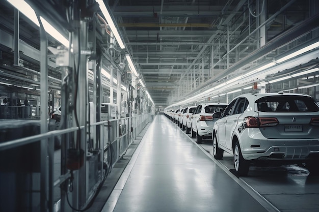 Interior of factory with assembly line for modern cars generative ai