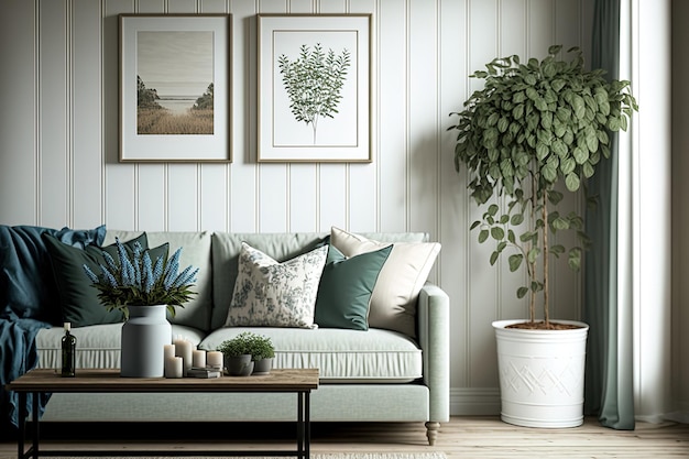 Interior of a farmhouse living room in a mockup