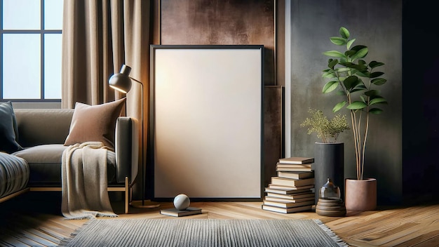 interior featuring a vertical black frame poster mockup in the heart of a cozy living area