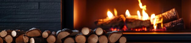 Photo interior fireplace with logs dark gray stone warmcore and cabincore aesthetic