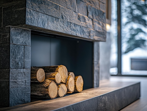 Photo interior fireplace with logs dark gray stone warmcore and cabincore aesthetic