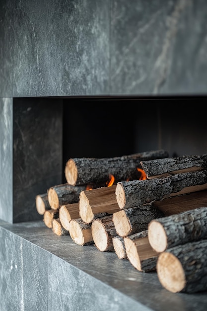 Photo interior fireplace with logs dark gray stone warmcore and cabincore aesthetic