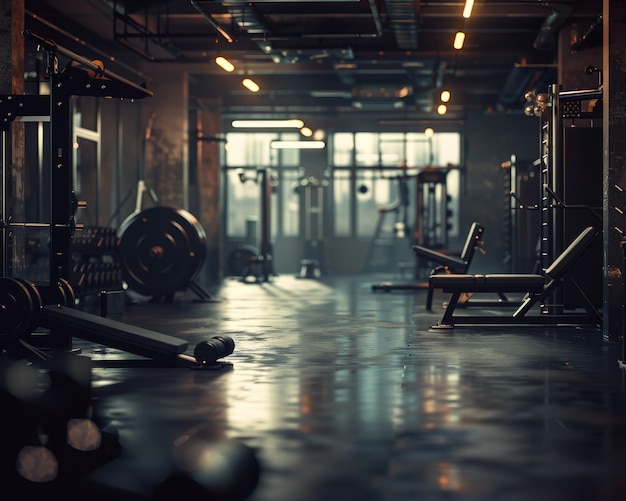 Interior of a fully equipped gym with bodybuilding machines and fitness equipment