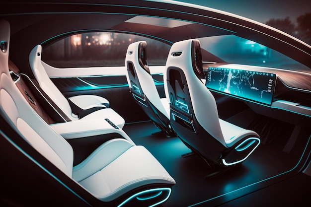 The interior of futuristic car with glowing lights Generative AI