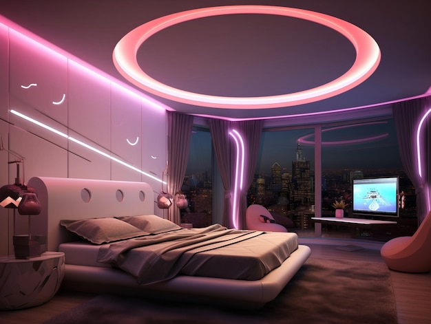 Interior of a futuristic luxury bedroom with bed neon lighting wall painting and ceiling design