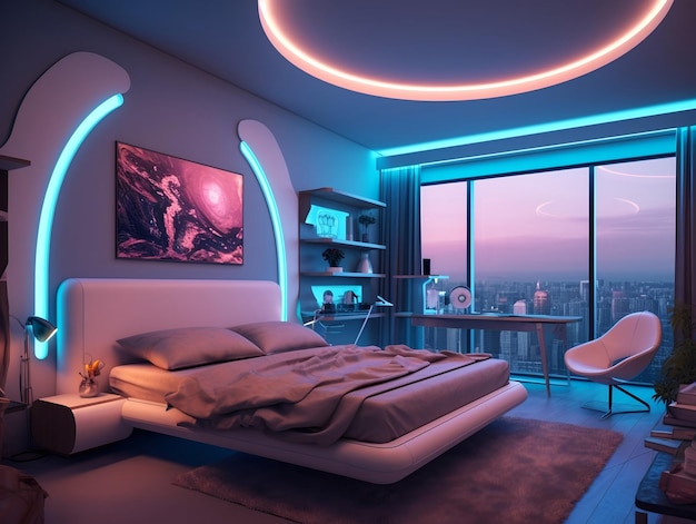 Interior of a futuristic luxury bedroom with bed neon lighting wall painting and ceiling design