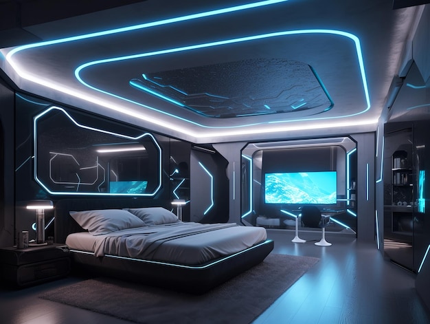 Interior of a futuristic luxury bedroom with bed neon lighting wall painting and ceiling design