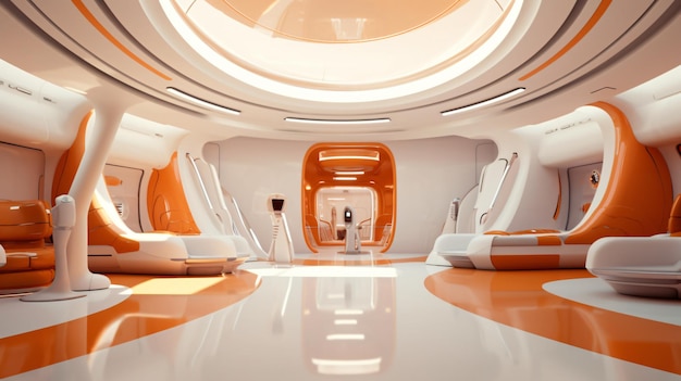 the interior of a futuristic space with orange and w