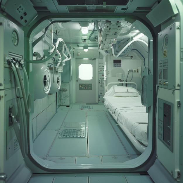 Interior of a futuristic spacecraft featuring a bed and medical equipment