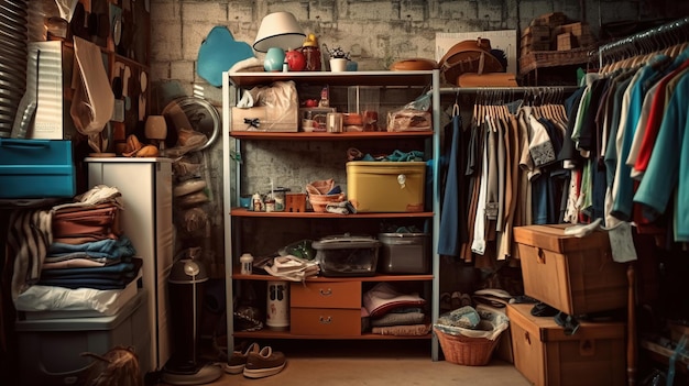 Interior garage sale housewares clothing sporting goods and toys generative ai