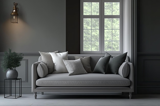 Interior of a gray room with a window and a sofa with pillows Real estaterelated things