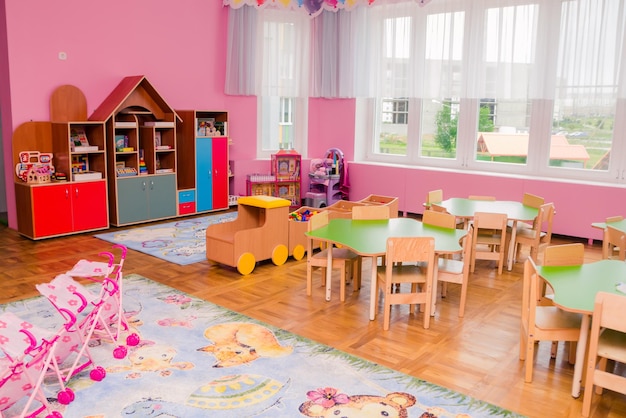 The interior of a group in a kindergarten with a lot of toys educational games and bright furniture Minsk Belarus April 10 2022