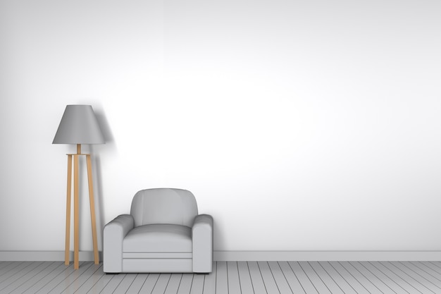 The interior has a3D Sofa Round and lamp on empty white wall background