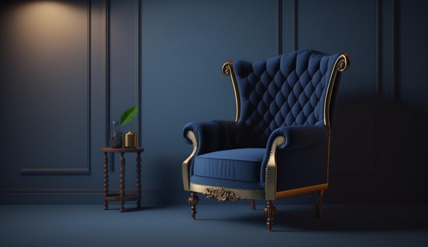 The interior has a armchair on empty dark blue wall background Generative AI