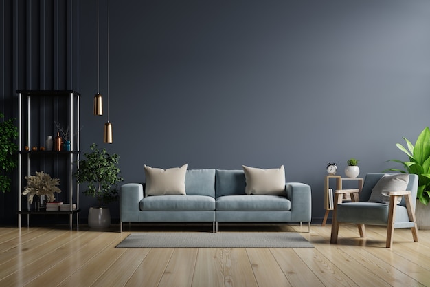 The interior has a sofa and armchair on empty dark wall background,3D rendering