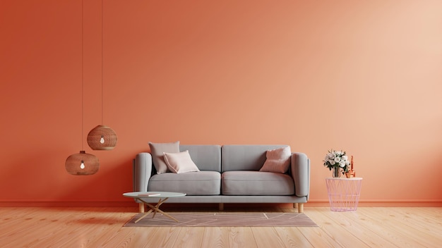 The interior has a sofa on empty calming coral wall background,3D rendering