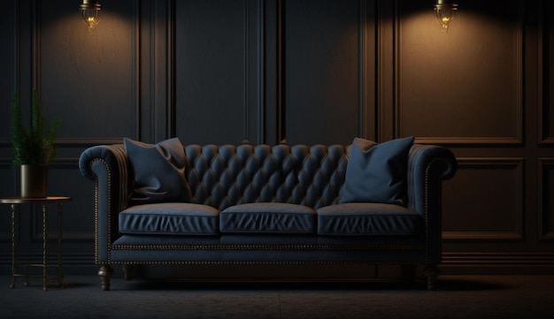 The interior has a sofa on empty dark wall background Generative AI