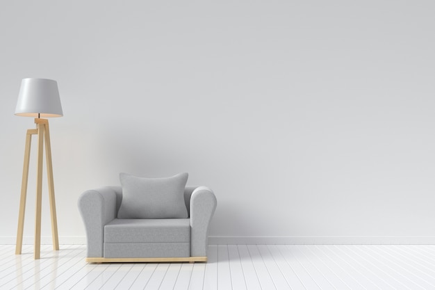 The interior has a Sofa Round and lamp on empty white wall background