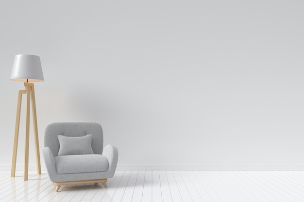 The interior has a Vertical circular sofa and lamp on empty white wall background