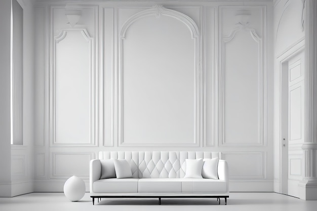 The interior has a White sofa on empty white wall background Generative Ai