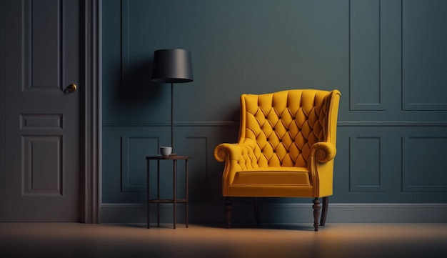 The interior has a yellow armchair on empty dark wall background Generative AI