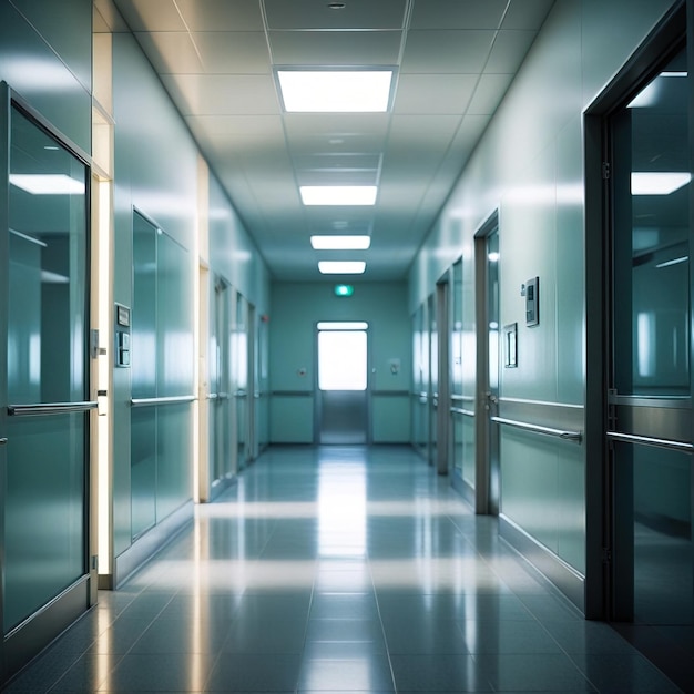 Interior of hospital or clinic corridor modern futuristic glass and steel clean and sterile