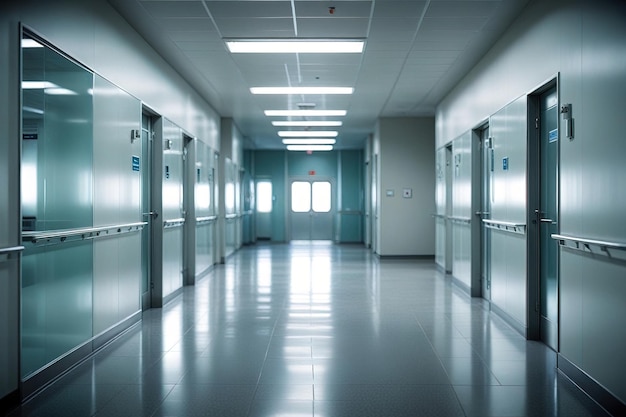 Interior of hospital or clinic corridor modern futuristic glass and steel clean and sterile