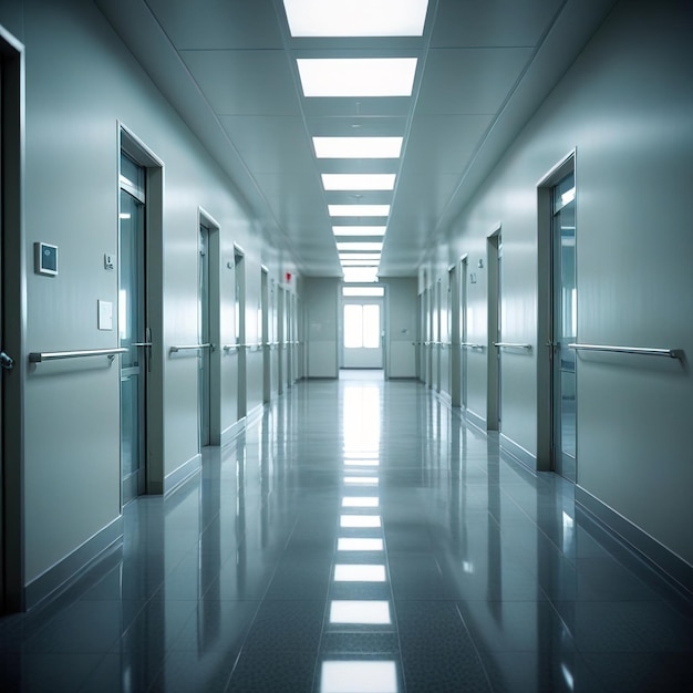 Interior of hospital or clinic corridor modern futuristic glass and steel clean and sterile