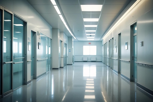 Interior of hospital or clinic corridor modern futuristic glass and steel clean and sterile