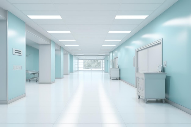 interior of a hospital corridor with blue walls and a white floor AI Generated