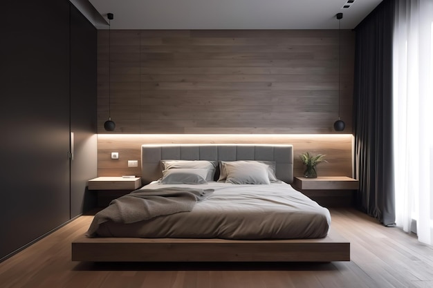 Interior of a hotel bedroom in the morning Cosy Boho style bedroom interior with furniture and decorative elements Bright natural light Modern bedroom interior with concrete walls Generative AI