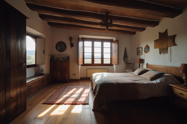 Interior of a hotel bedroom in the morning Cosy Boho style bedroom interior with furniture and decorative elements Bright natural light Modern bedroom interior with concrete walls Generative AI