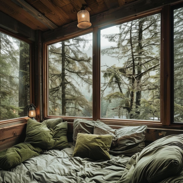 Interior of a hotel room with a view of the forest