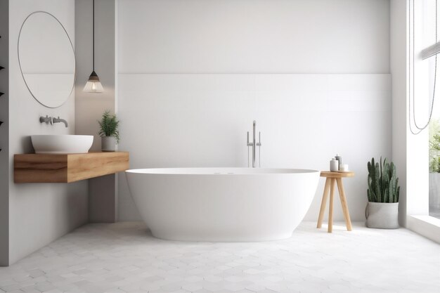 Interior house bathtub white architecture home luxury 3d wood modern bathroom Generative AI