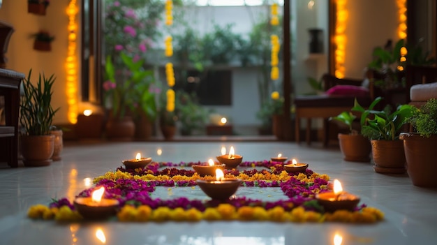 Interior of house decorated for Diwali with traditional diyas colorful rangoli floral decorations