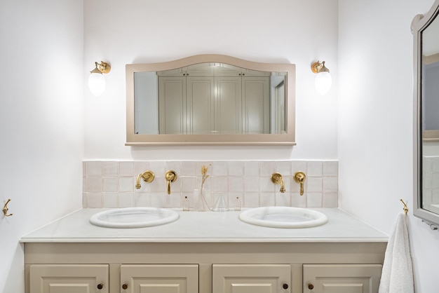 Interior of illuminated bathroom at home