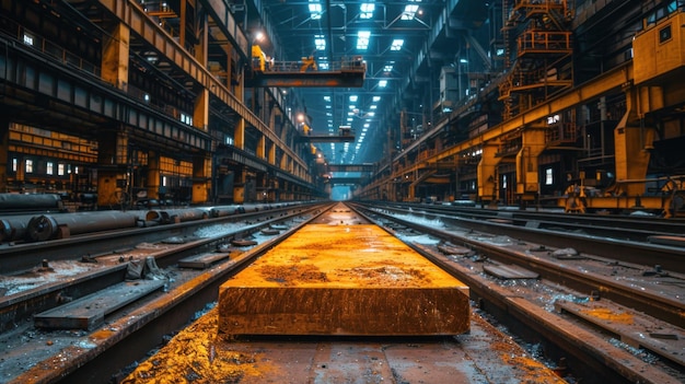 Interior of an industrial steel factory featuring a glowing hot slab of steel on the production line under bright lights