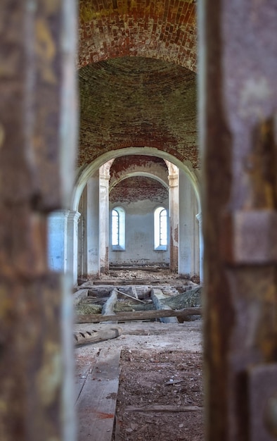 Interior interior of an abandoned red brick building abandoned church