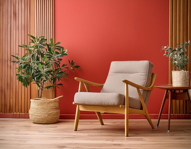 The interior is beautiful and bright with chairs and lamps and flower pots against the red walls