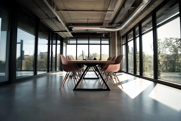 Interior of the kitchen area of a modern office with a long wooden table and chairs