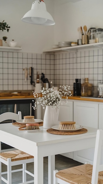 Photo the interior of the kitchen in a minimalist style white furniture with a homemade flower dispenser