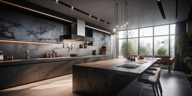 Interior of kitchen in modern house in Fusion style