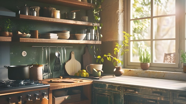 Interior of kitchen in vintage rustic style with wooden furniture in a cottage Brigh Generative AI