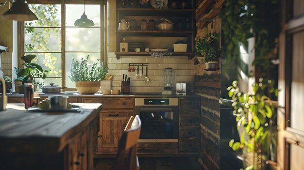 Interior of kitchen in vintage rustic style with wooden furniture in a cottage Brigh Generative AI