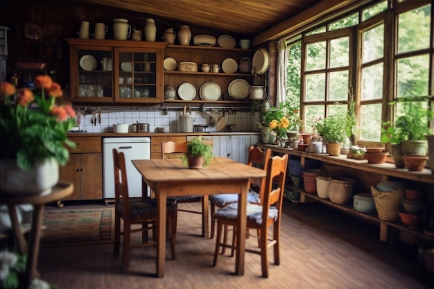 Interior of kitchen with glowing Christmas trees dining table and counters Generative AI