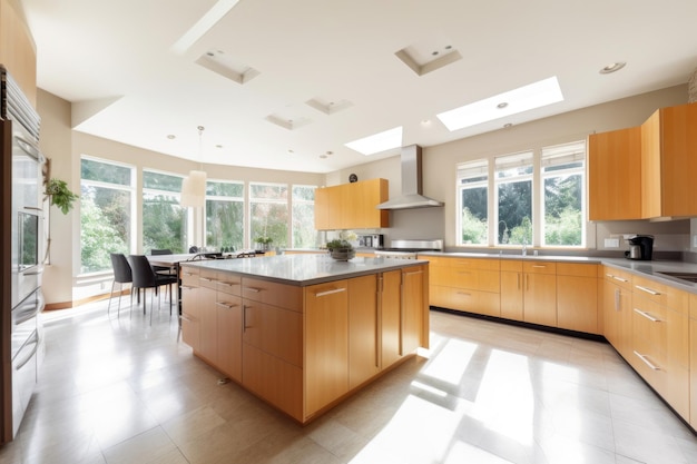 The interior of a large modern bright kitchen and living room with high ceiling and panoramic