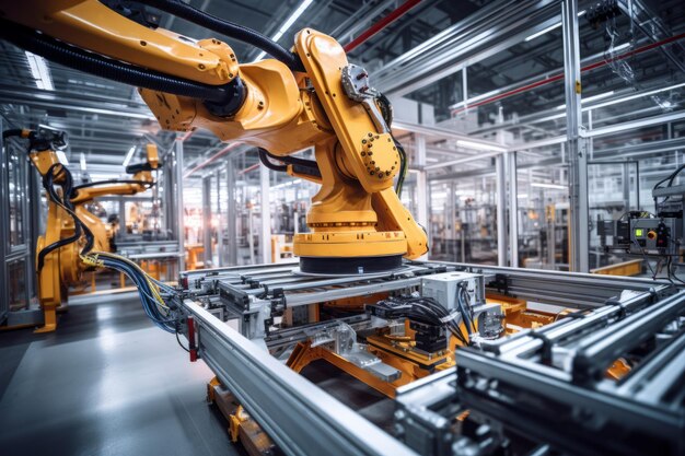 Photo interior of a large production line with industrial robot arms at modern bright factory