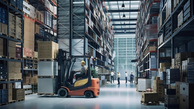 Interior of a large warehouse with very high shelves and lifting equipment in action