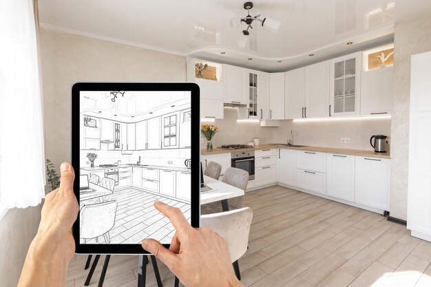 a interior layout plan on tablet computer