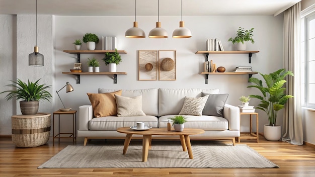 Interior of light living room with grey sofas coffee table and large window